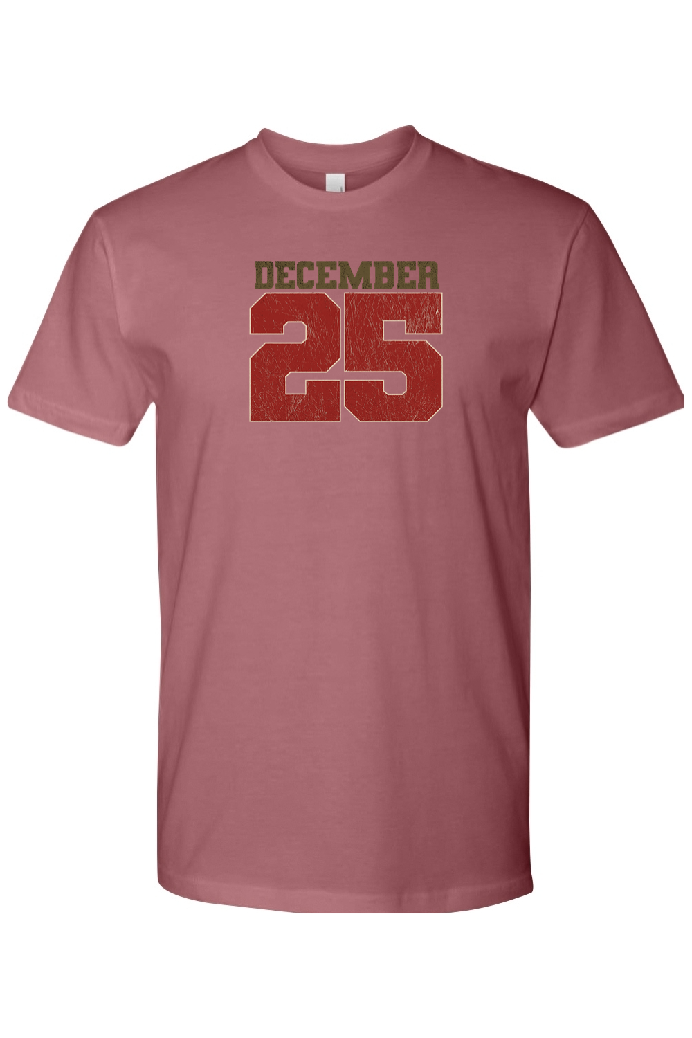 Mauve dark pink Christmas t-shirt with "December 25" text cool trendy festive holiday short sleeve shirt