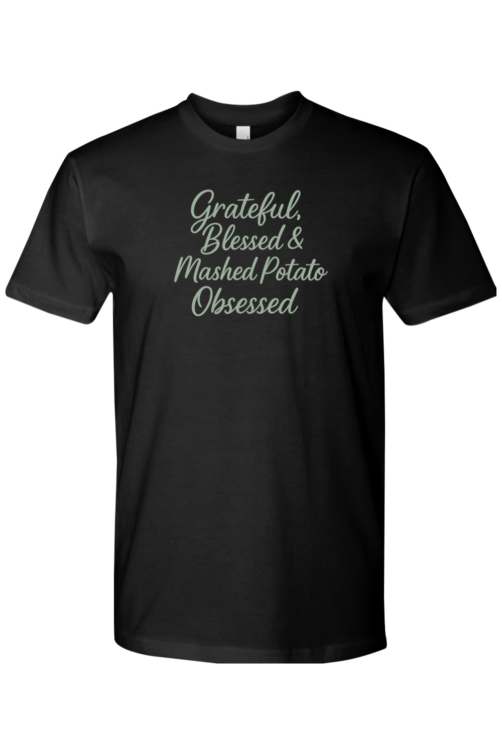 Black Thanksgiving t-shirt with "Grateful, Blessed, & Mashed Potato Obsessed" text funny humor fall holiday short sleeve shirt