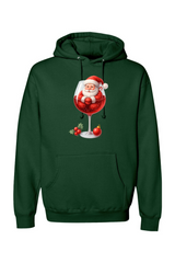 Dark green Christmas hoodie with Santa sitting in a wine glass design cute girly festive holiday long sleeve hooded sweatshirt