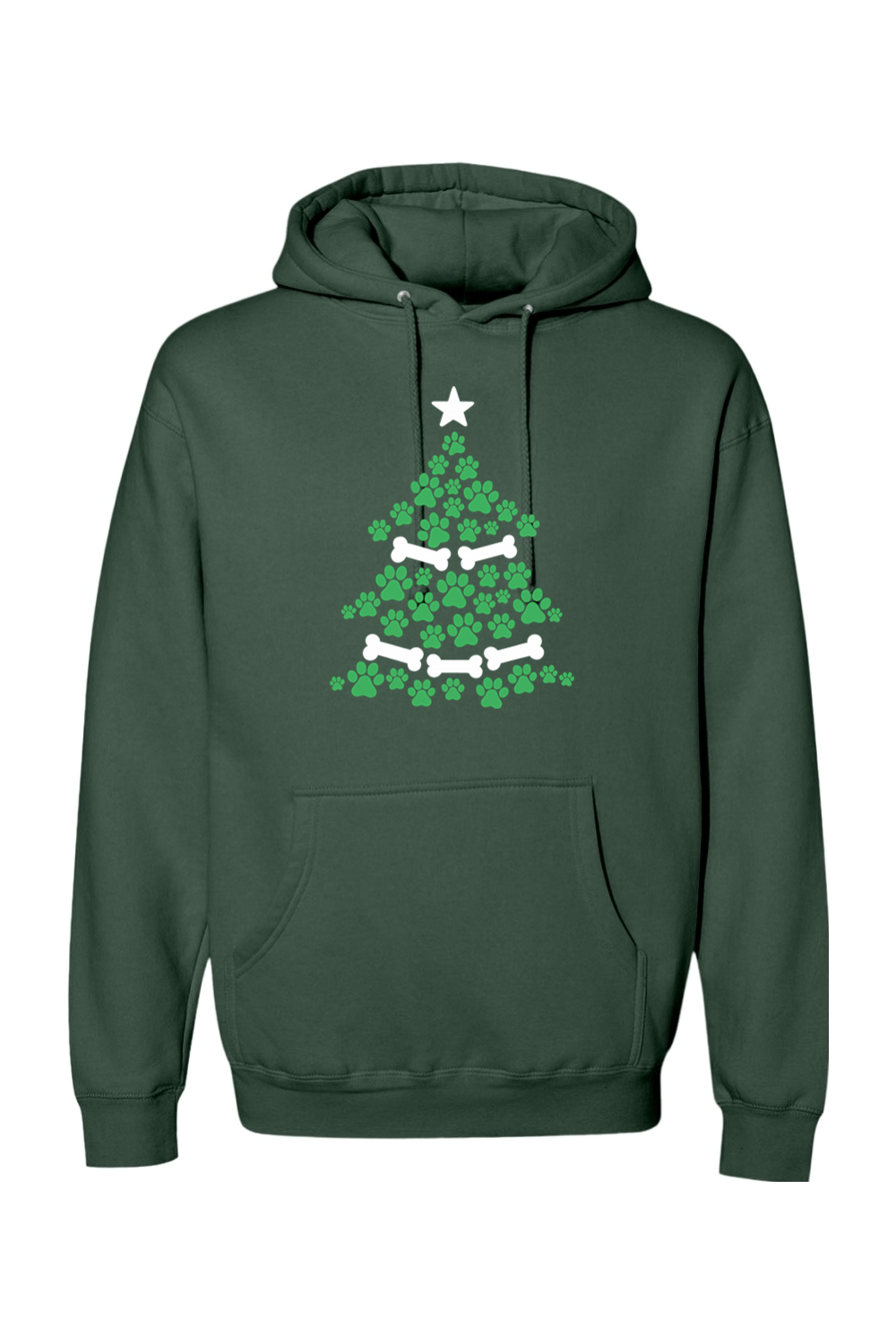 Pine green Christmas hoodie with a Christmas tree design made out of paw prints and bones cute dog pet animal lover long sleeve hooded sweatshirt