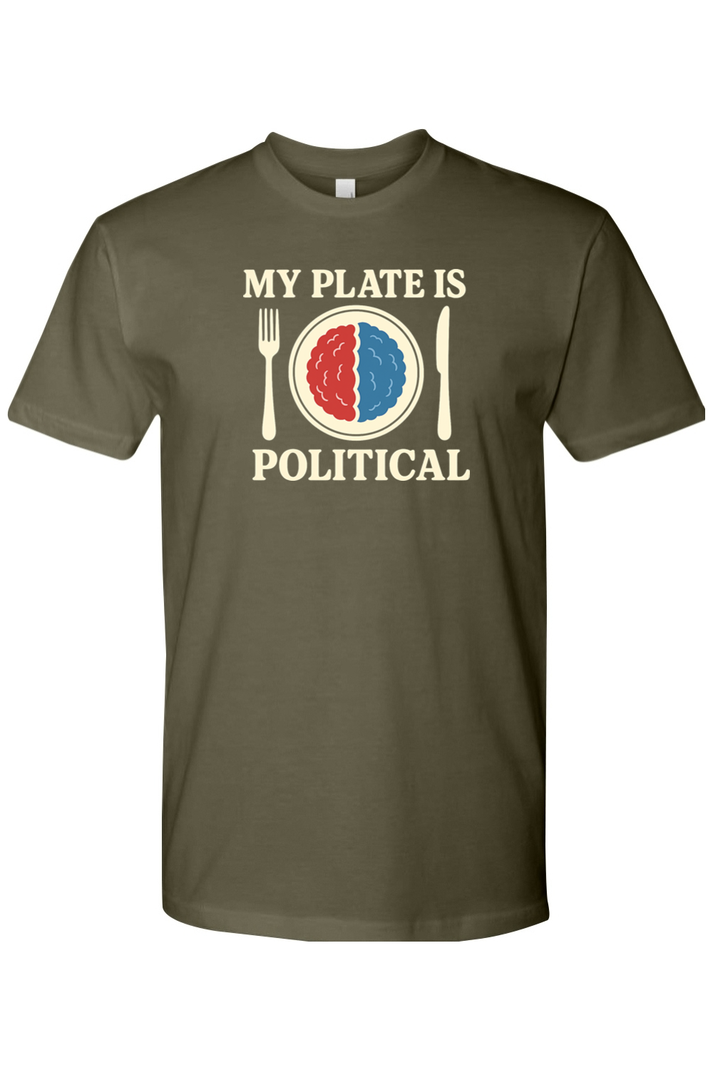 Dark olive green Thanksgiving t-shirt with "My Plate is Political" text and a plate with red and blue mashed potatoes, fork, and knife design sarcastic funny political fall holiday short sleeve shirt