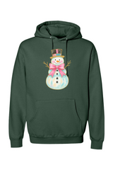 Green Christmas hoodie with a watercolor snowman in a pink bow and top hat design cute girly festive holiday long sleeve hooded sweatshirt