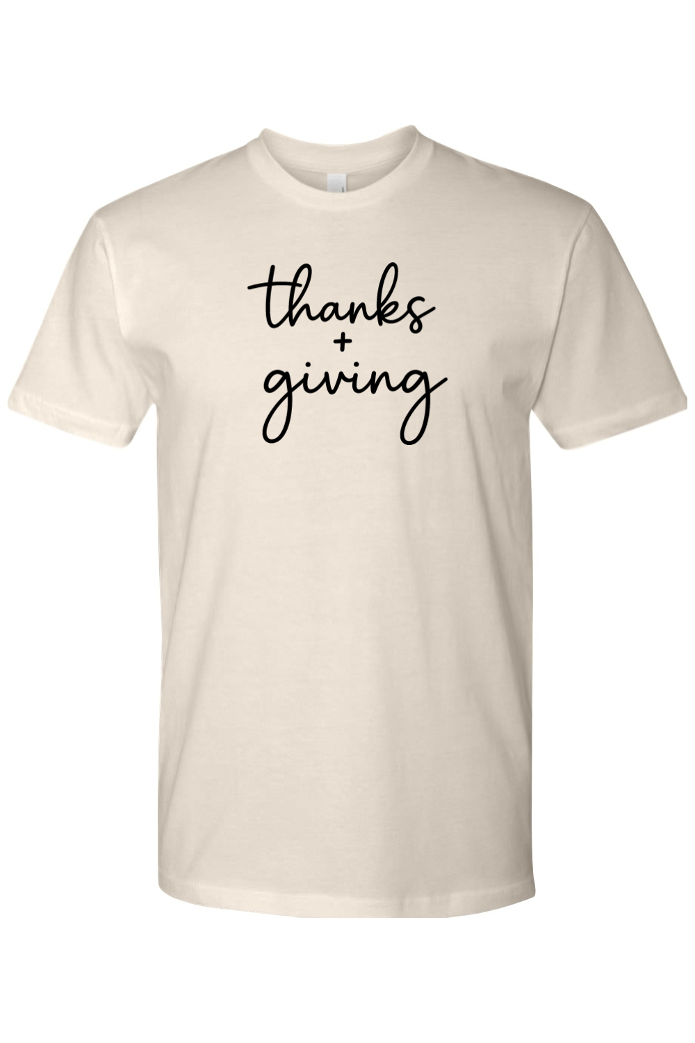 Beige cream Thanksgiving t-shirt with "thanks + giving" text in black cute trendy fall holiday short sleeve shirt