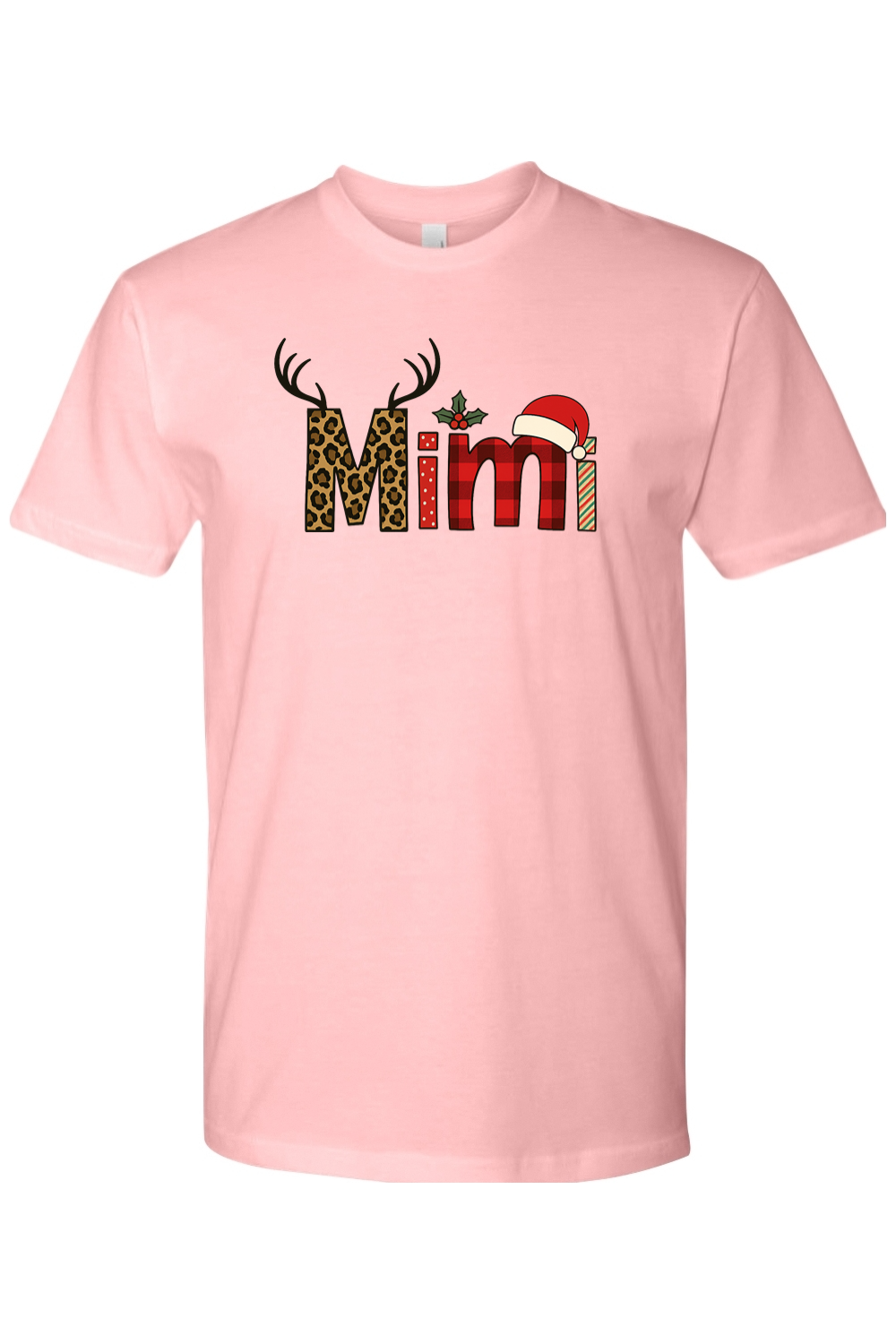 Pink Christmas t-shirt with "Mimi" text antler design and the letters filled with leopard print, plaid, polka dots, and stripes cute grandma festive holiday short sleeve shirt