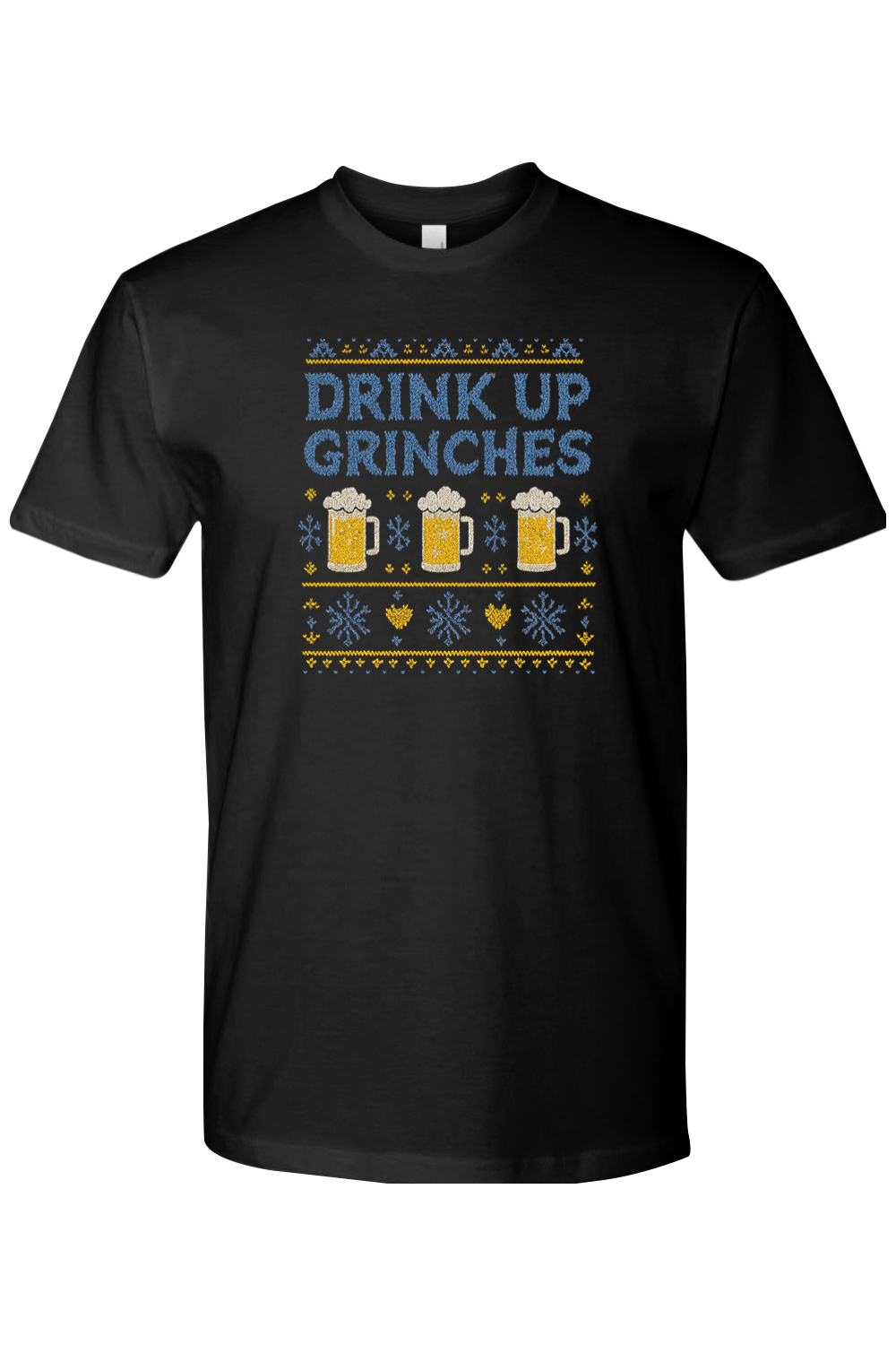 Black Christmas t-shirt with "Drink Up Grinches" text with sweater pattern look with beer and snowflakes design funny holiday humor short sleeve shirt