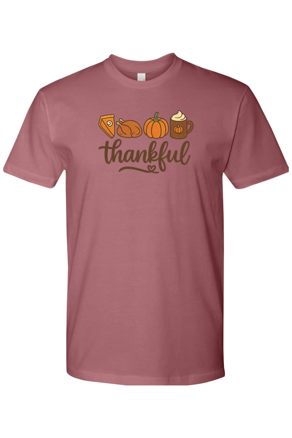 Mauve dark pink Thanksgiving T-shirt with "Thankful" text with pumpkin pie, turkey, pumpkin, and pumpkin spice coffee design cute trendy girly fall short sleeve shirt