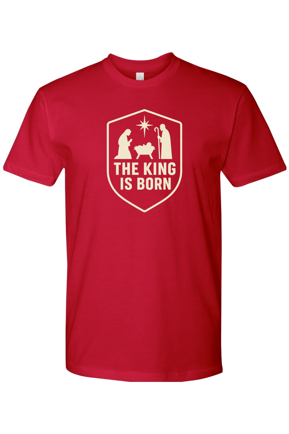 Red religious Christmas t-shirt with "The King is Born" text and Mary and Joseph next to Jesus in the manger and star design God Christian holiday short sleeve shirt