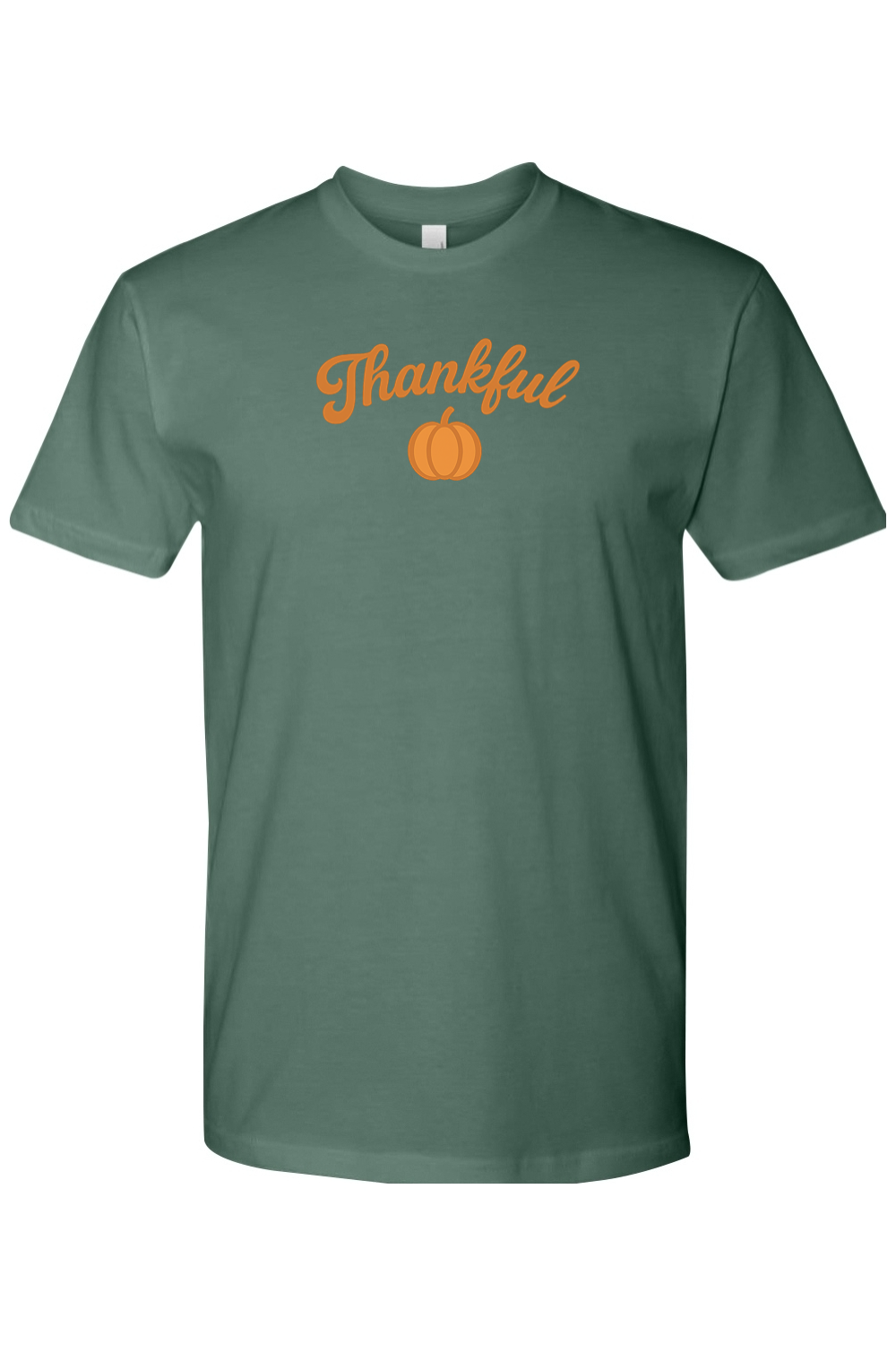Pine green Thanksgiving t-shirt with "Thankful" text and a pumpkin design simple cute trendy fall holiday short sleeve shirt