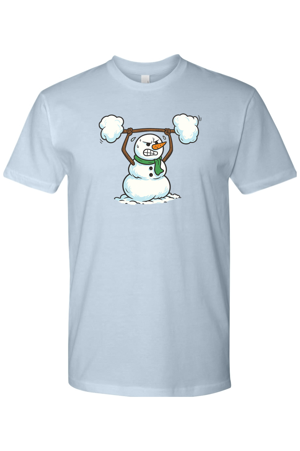 Light blue Christmas t-shirt with a snowman lifting a snow barbell design funny gym humor winter holiday short sleeve shirt