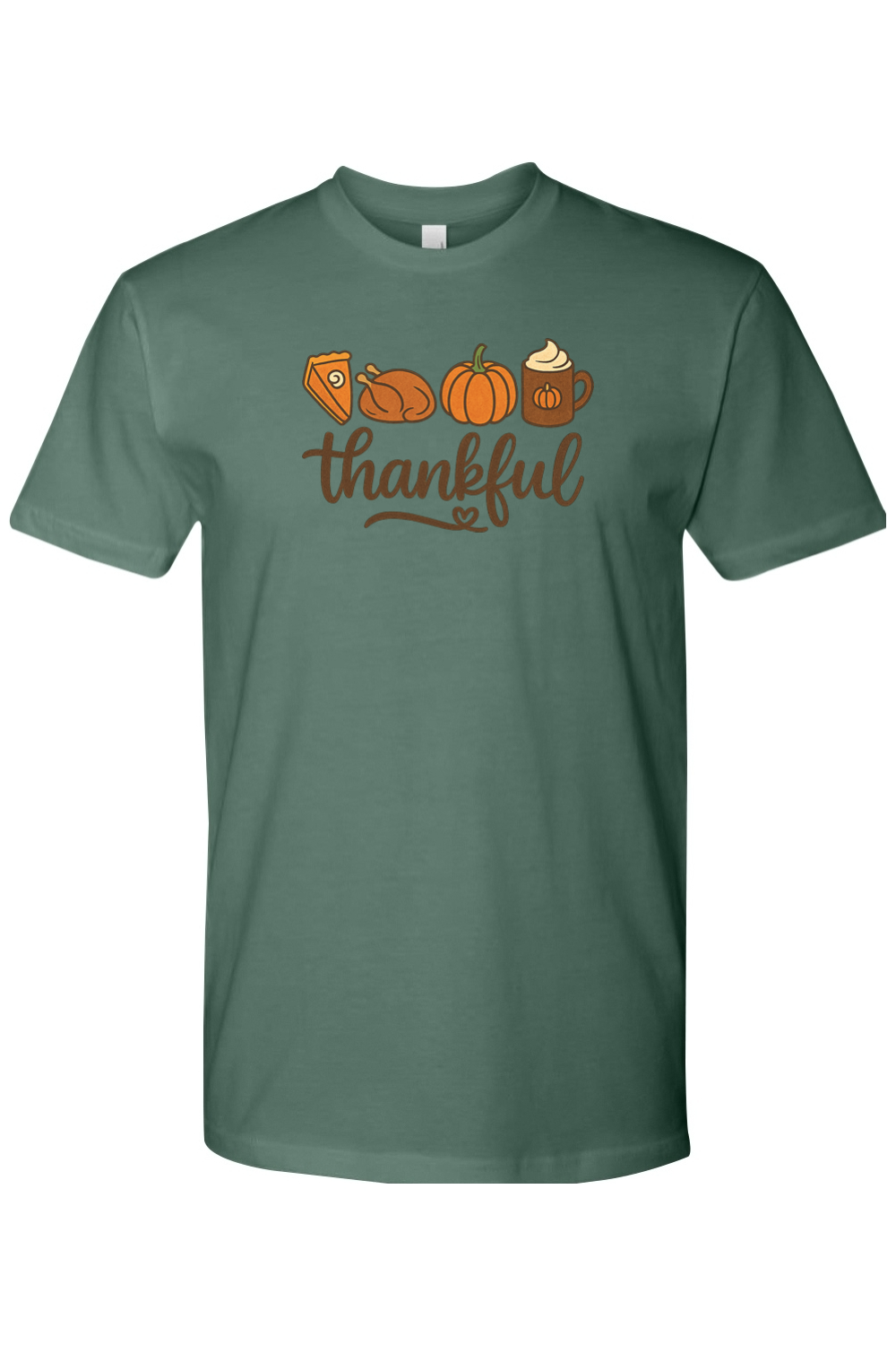 Pine green Thanksgiving T-shirt with "Thankful" text with pumpkin pie, turkey, pumpkin, and pumpkin spice coffee design cute trendy girly fall short sleeve shirt