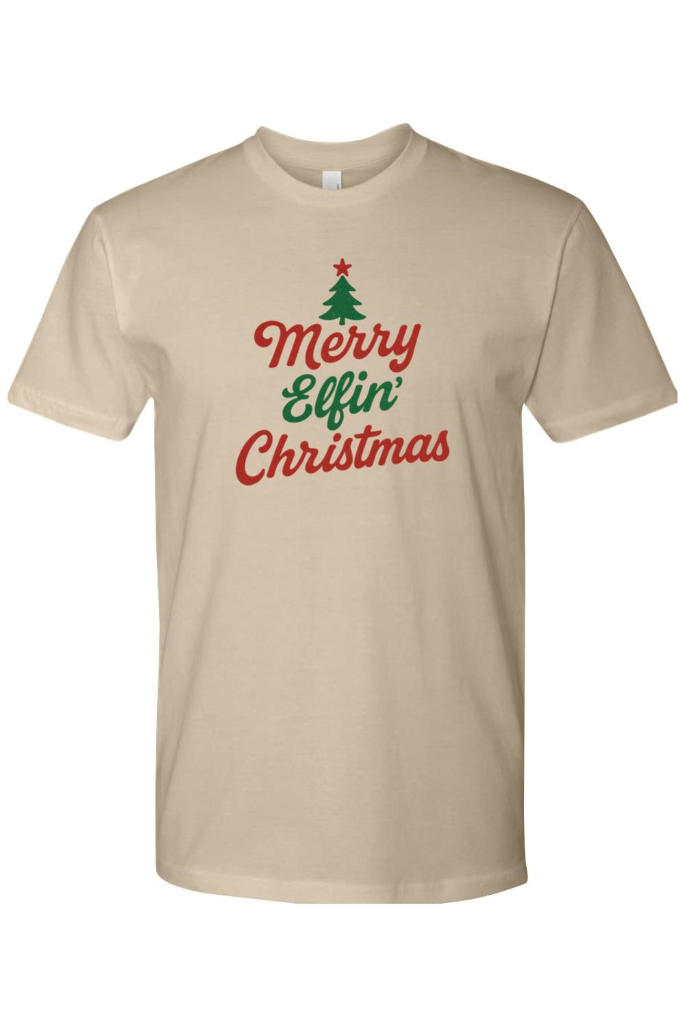 Dark beige Christmas t-shirt with "Merry Elfin' Christmas" text in cursive with a Christmas tree design funny sarcastic holiday humor short sleeve shirt