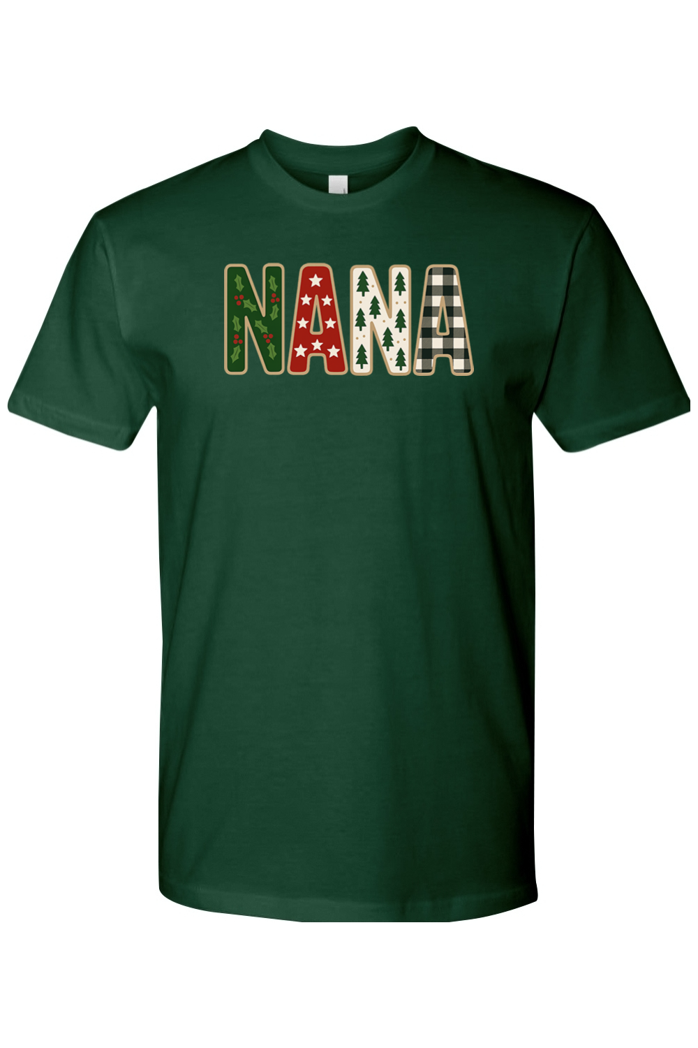 Dark green Christmas t-shirt with "NANA" text with holly, star, tree, and plaid patterns inside the letters cute trendy grandma grandmother holiday short sleeve shirt