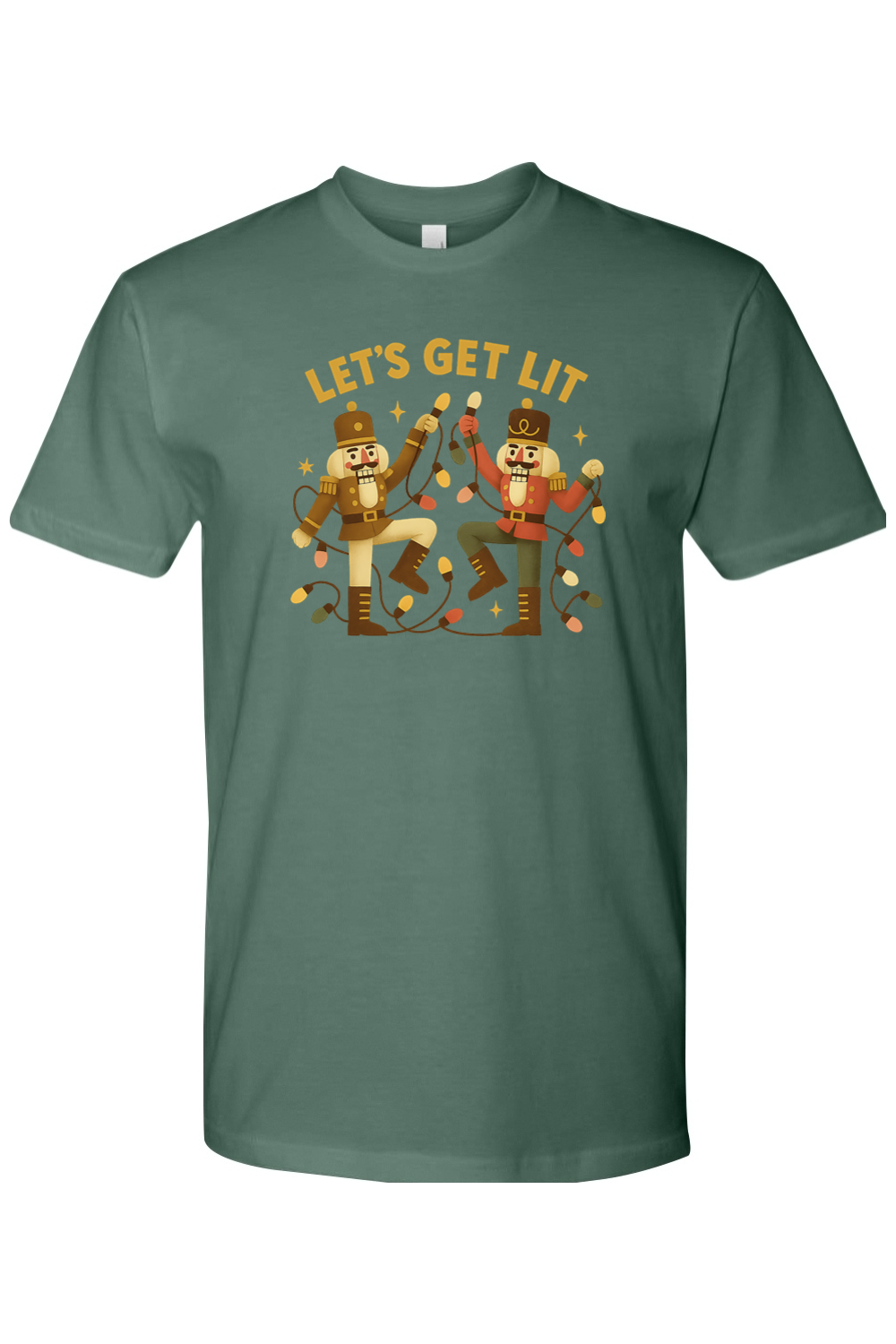 Pine green Christmas shirt with "Let's Get Lit" text with two nutcrackers holding up Christmas lights funny holiday humor short sleeve shirt