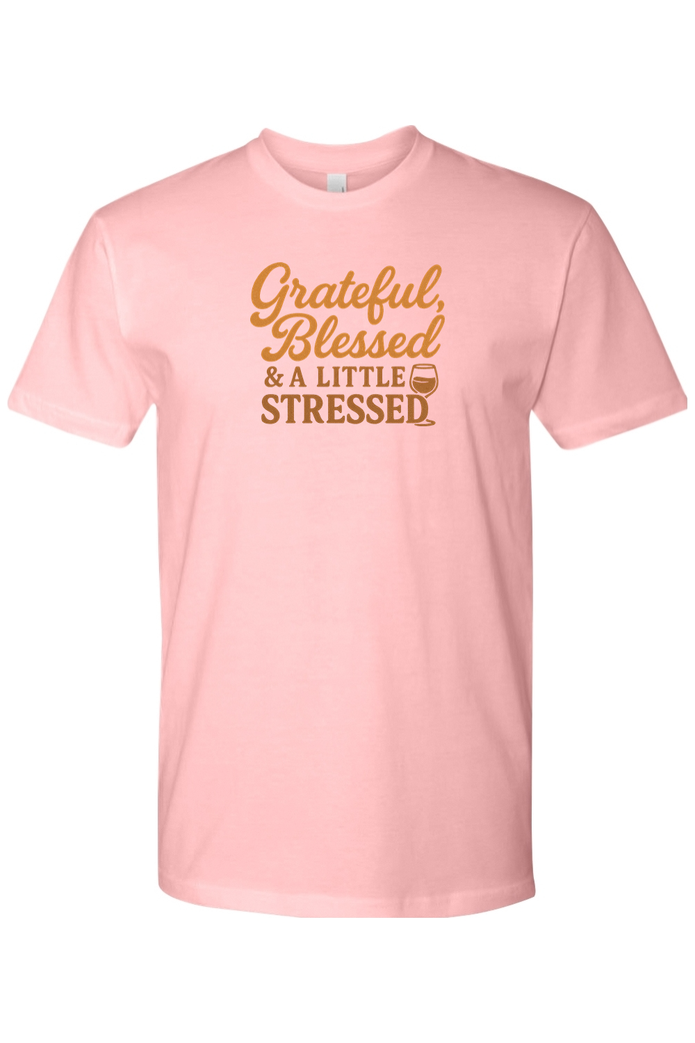 Light pink Thanksgiving t-shirt with "Grateful, Blessed, & A Little Stressed" text with a wine glass design funny trendy fall holiday short sleeve shirt