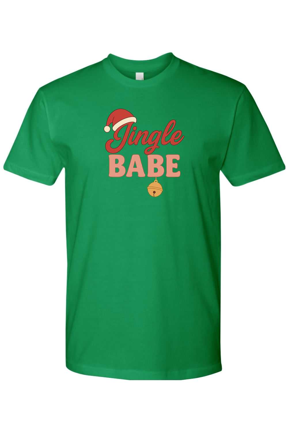Green Christmas t-shirt with "Jingle Babe" text and a Santa hat bell design cute girly festive holiday short sleeve shirt