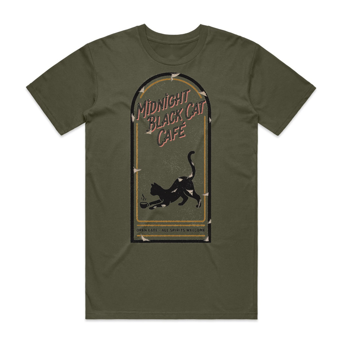 Midnight Black Cat Cafe T-Shirt - Goblin Green